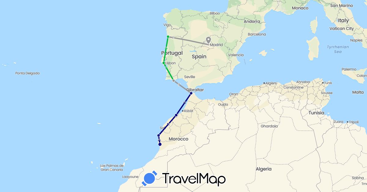 TravelMap itinerary: driving, bus, plane in Spain, Morocco, Portugal (Africa, Europe)