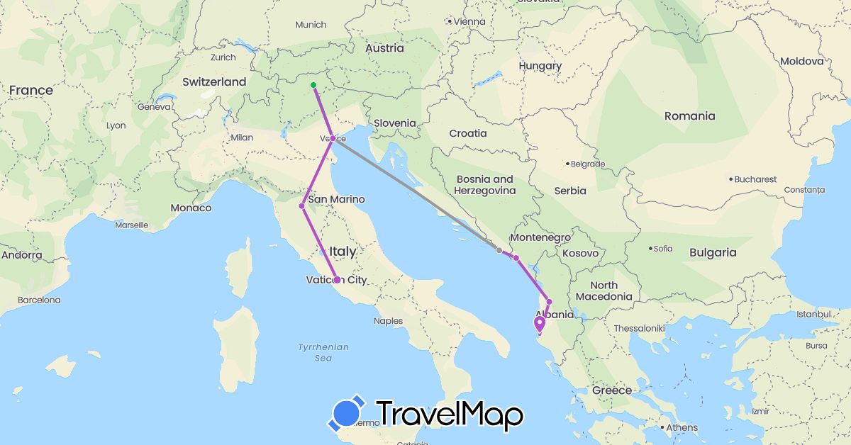 TravelMap itinerary: bus, plane, train in Albania, Croatia, Italy, Montenegro (Europe)