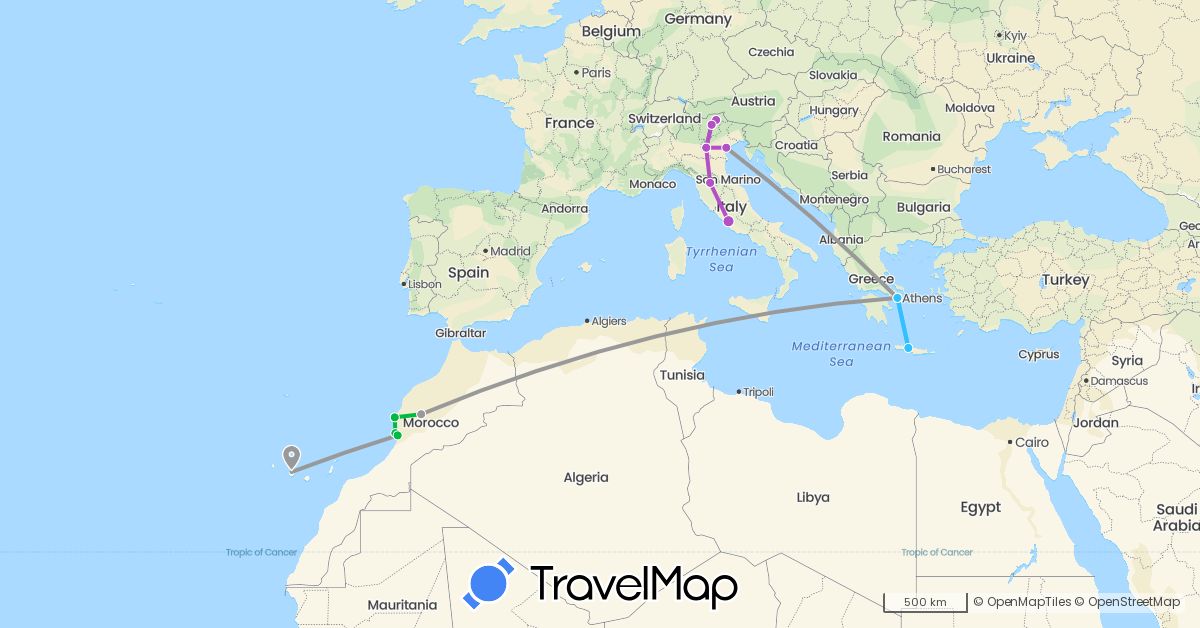 TravelMap itinerary: bus, plane, train, boat in Spain, Greece, Italy, Morocco (Africa, Europe)
