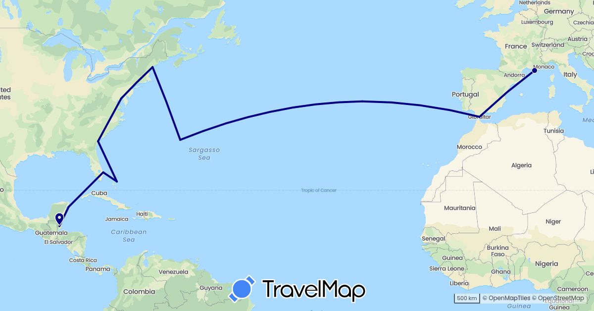 TravelMap itinerary: driving in Bermuda, Bahamas, Belize, France, Gibraltar, Mexico, Portugal, United States (Europe, North America)